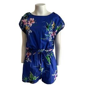 Vintage Blue Floral Romper Belted Button Shoulder Cotton Playsuit USA M ^